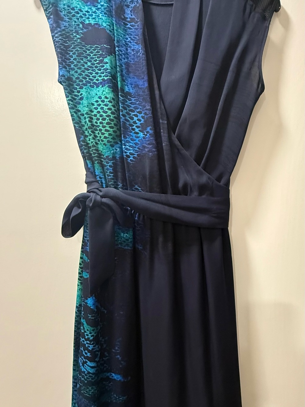 Elie Tahari Navy & Teal Sleeveless Midi Wrap Dress w Mesh on Sleeves and Bottom
